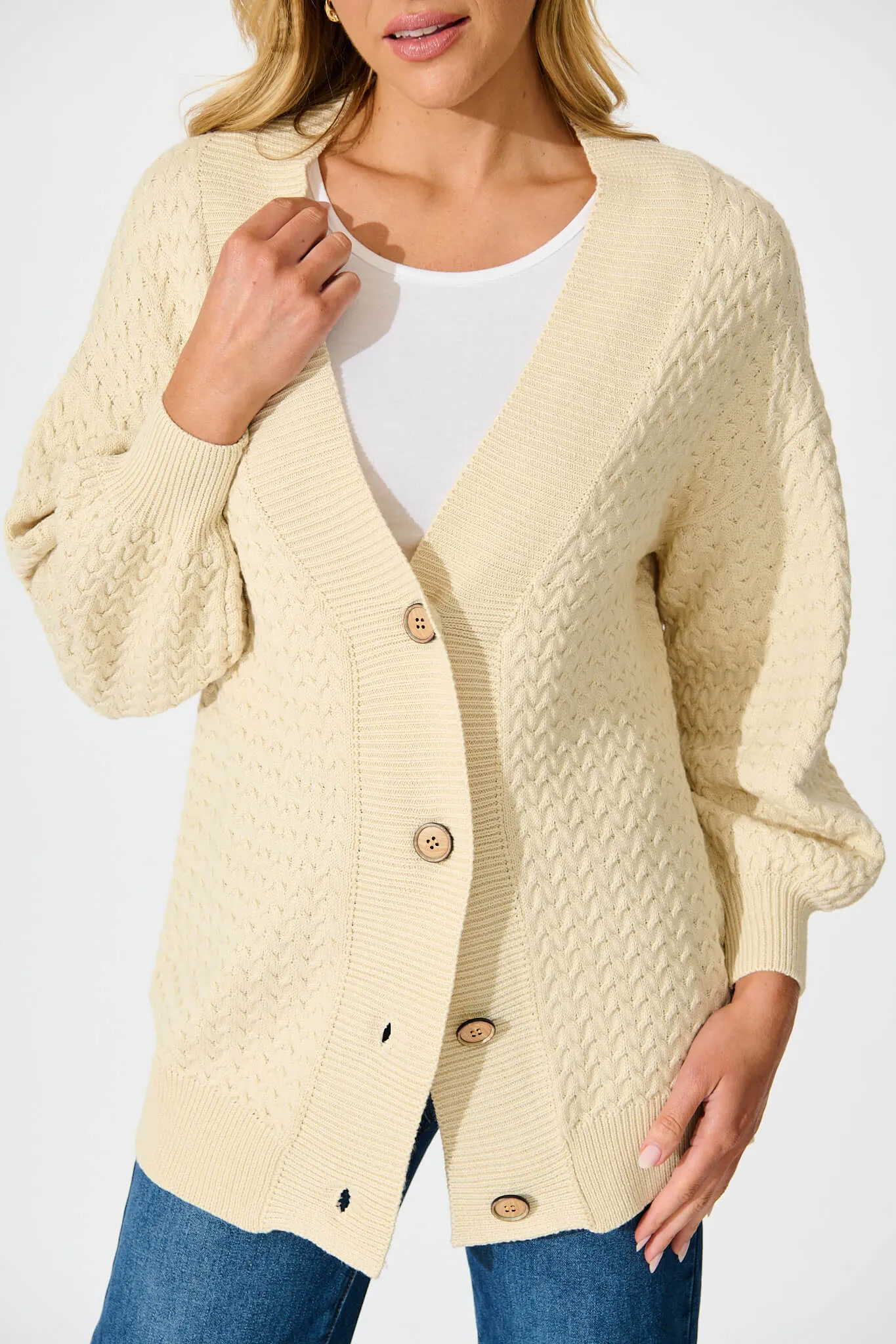 Jenisha Knit Cardigan in Beige Cotton Blend sold by St Frock product image thumbnail 5