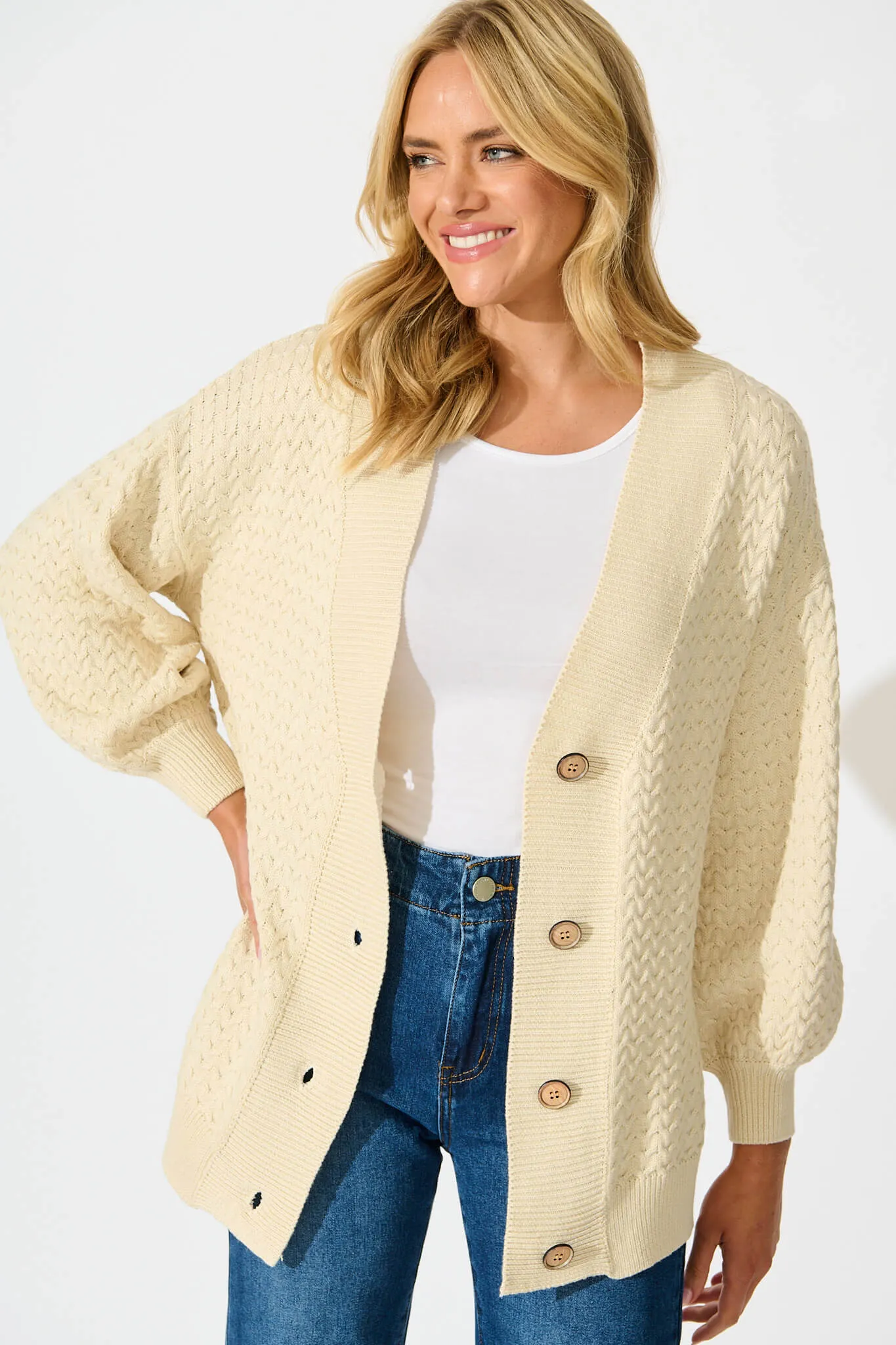 Jenisha Knit Cardigan in Beige Cotton Blend sold by St Frock