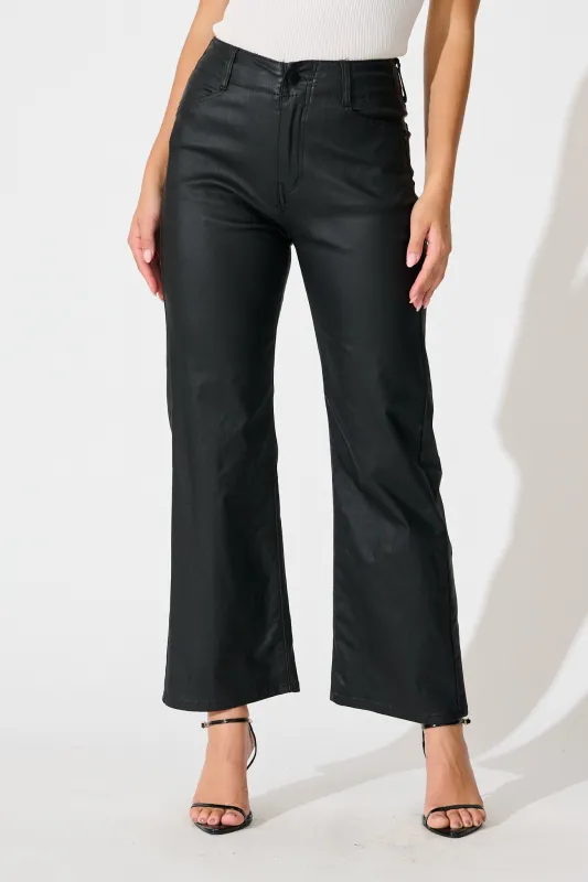 Natalie High Rise Straight Leg Pant in Black Wet Look sold by St Frock