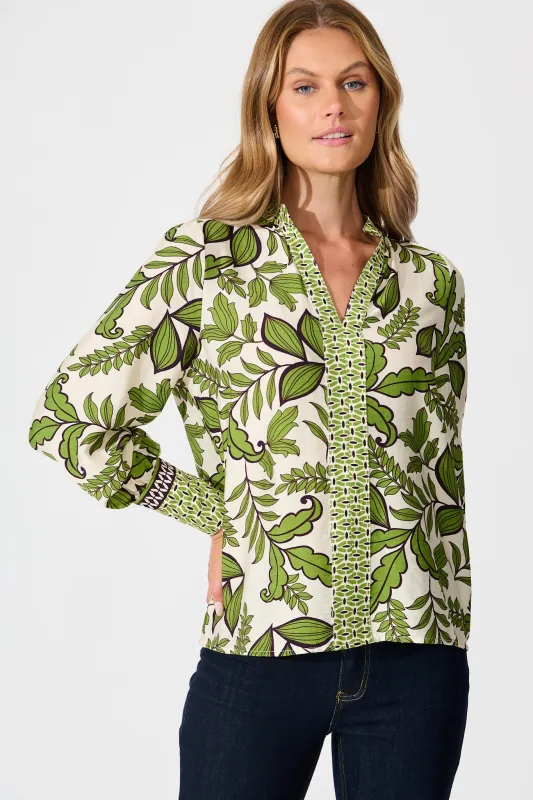 Graceful Top in Cream with Green Leaf sold by St Frock
