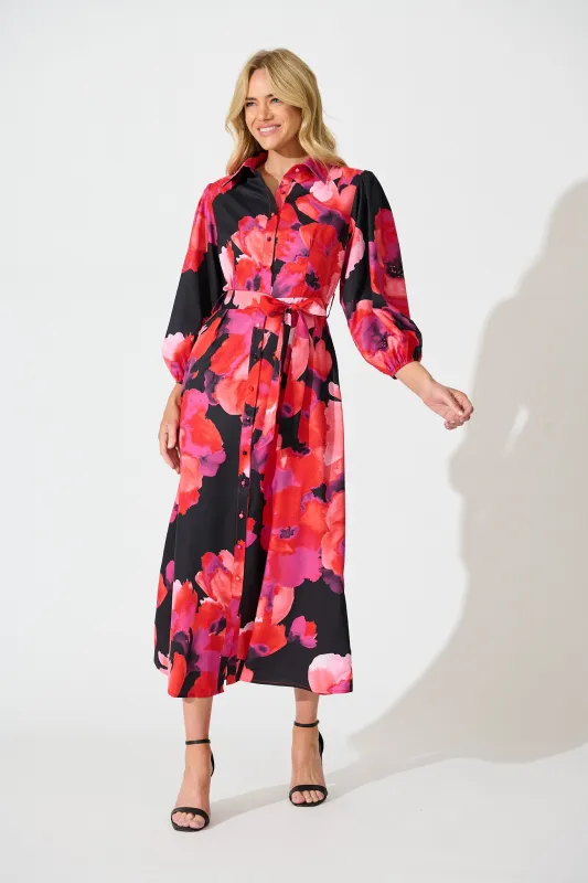 Gabi Maxi Shirt Dress In Black with Berry Watercolour Floral sold by St Frock