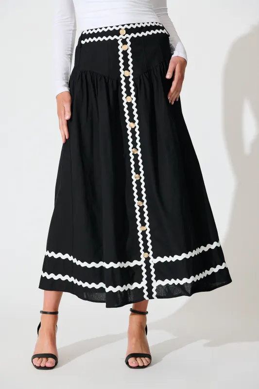 Desire Maxi Skirt in Black with White Ric Rac Trim Cotton sold by St Frock