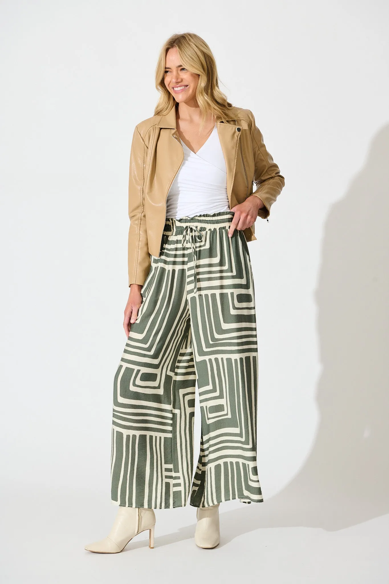 Goldie Pant in Cream and Green Geometric Print sold by St Frock product image thumbnail 4