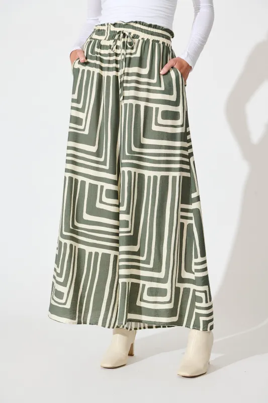 Goldie Pant in Cream and Green Geometric Print sold by St Frock