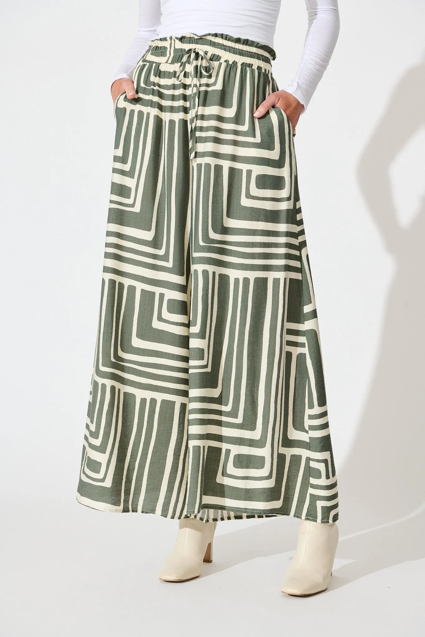 Goldie Pant in Cream and Green Geometric Print sold by St Frock