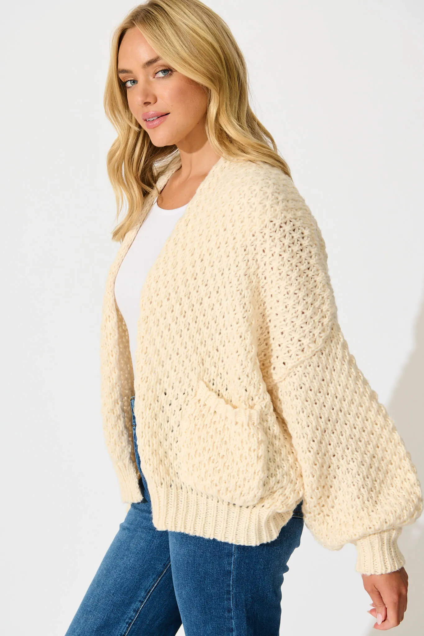 Mira Knit Cardigan in Cream Wool Blend sold by St Frock product image thumbnail 2