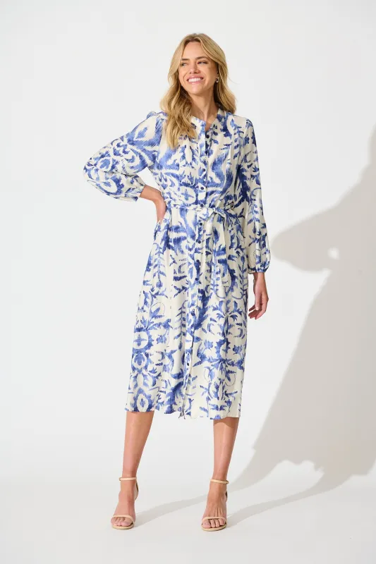 Marnie Midi Dress in White and Blue Print sold by St Frock