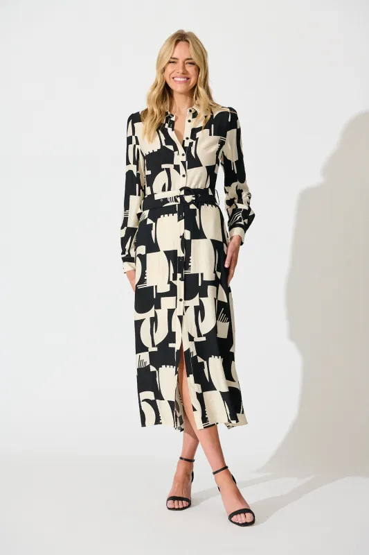 Abbie Midi Shirt Dress in Cream and Black Geometric Print sold by St Frock