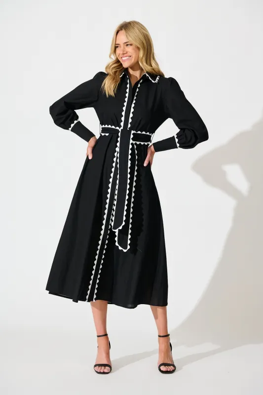 Lilyfield Midi Shirt Dress in Black with Contrast Trim Cotton sold by St Frock