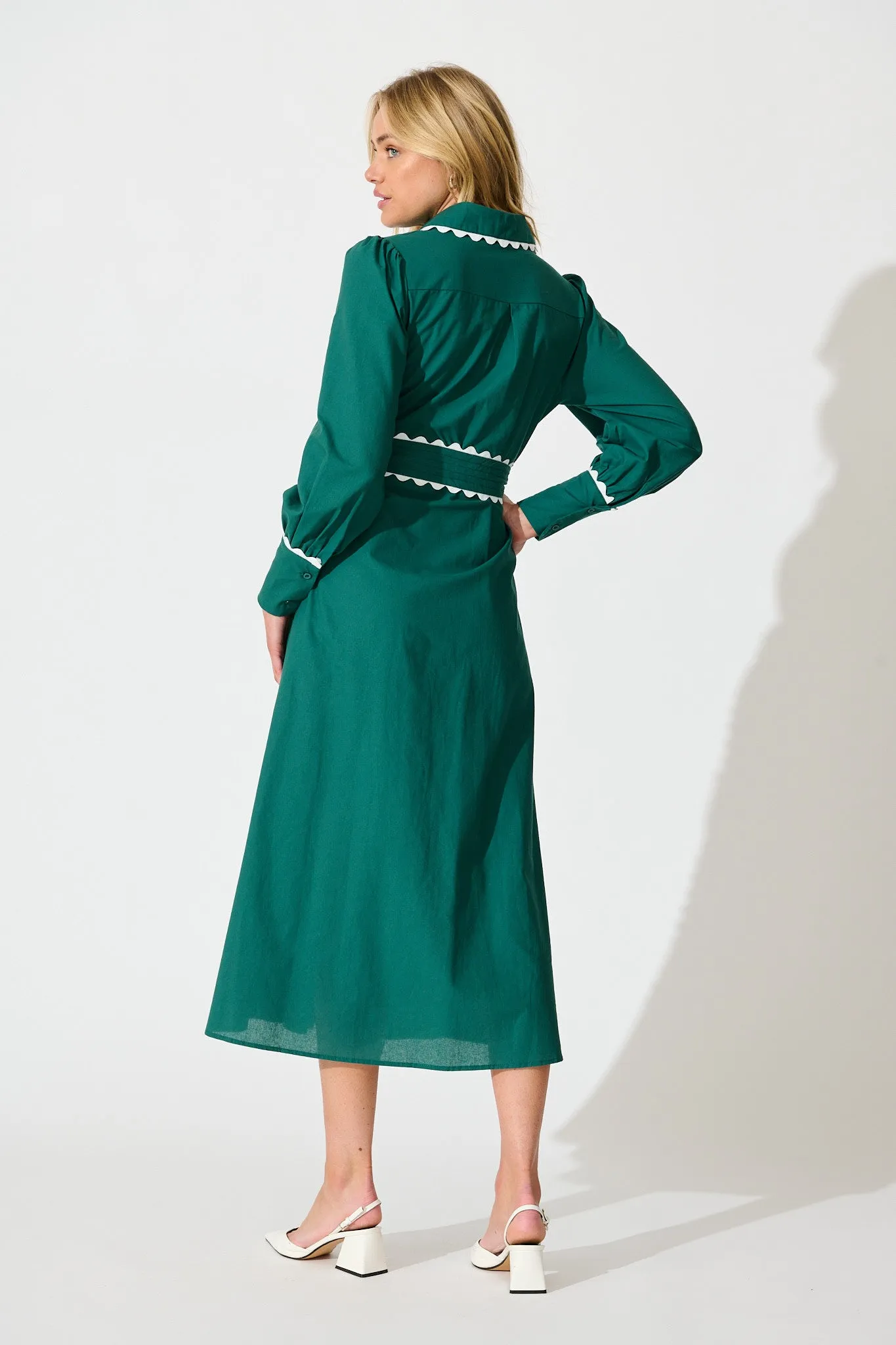 Lilyfield Midi Shirt Dress in Emerald with Contrast Trim Cotton sold by St Frock product image thumbnail 4