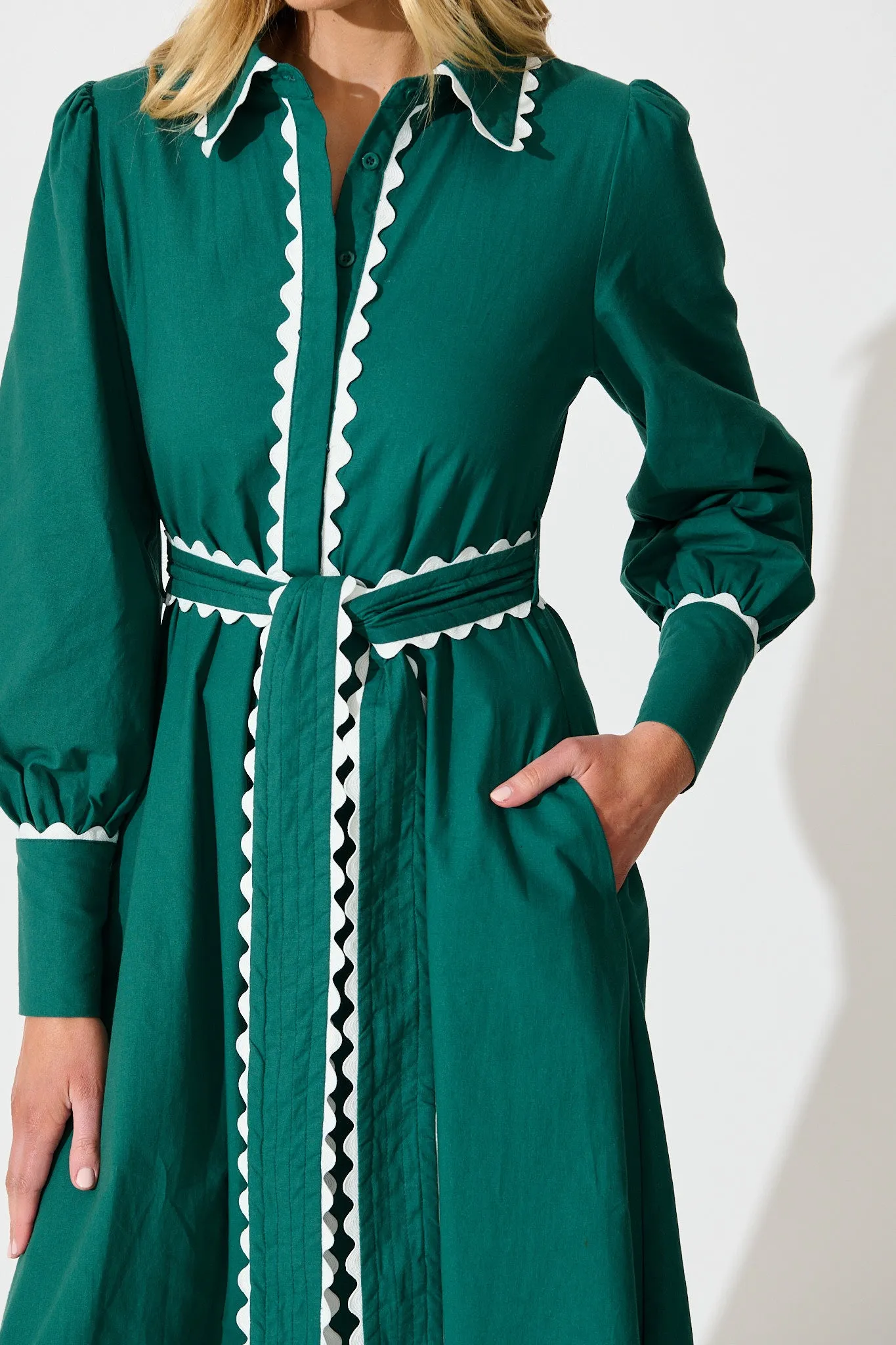 Lilyfield Midi Shirt Dress in Emerald with Contrast Trim Cotton sold by St Frock product image thumbnail 5
