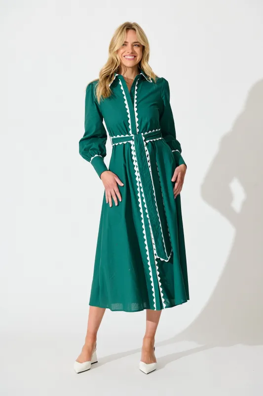 Lilyfield Midi Shirt Dress in Emerald with Contrast Trim Cotton sold by St Frock