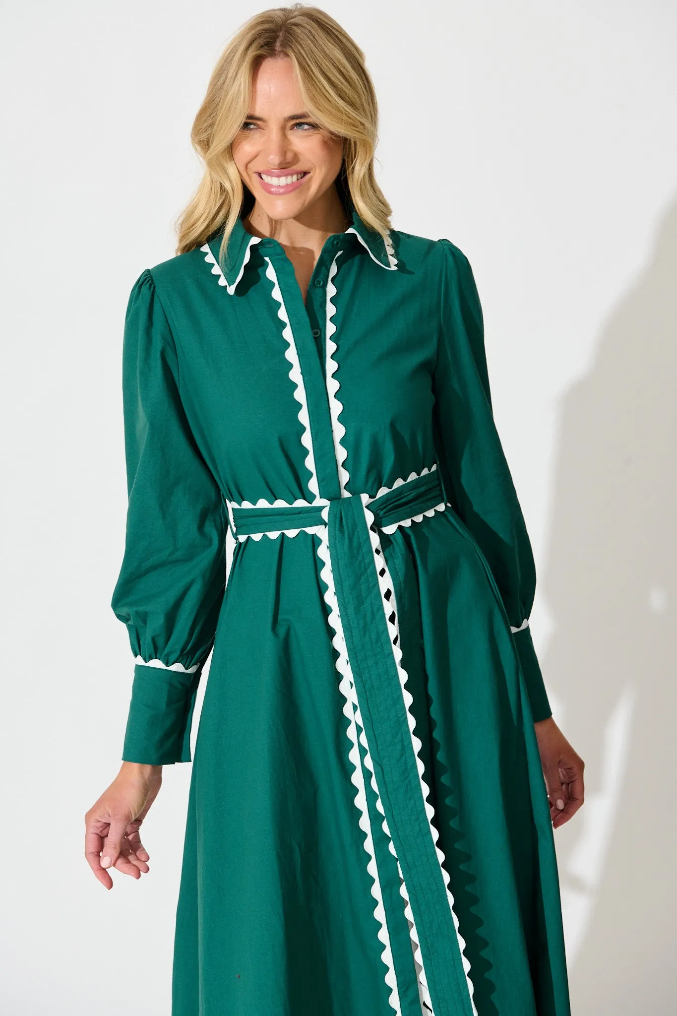 Lilyfield Midi Shirt Dress in Emerald with Contrast Trim Cotton sold by St Frock product image thumbnail 2