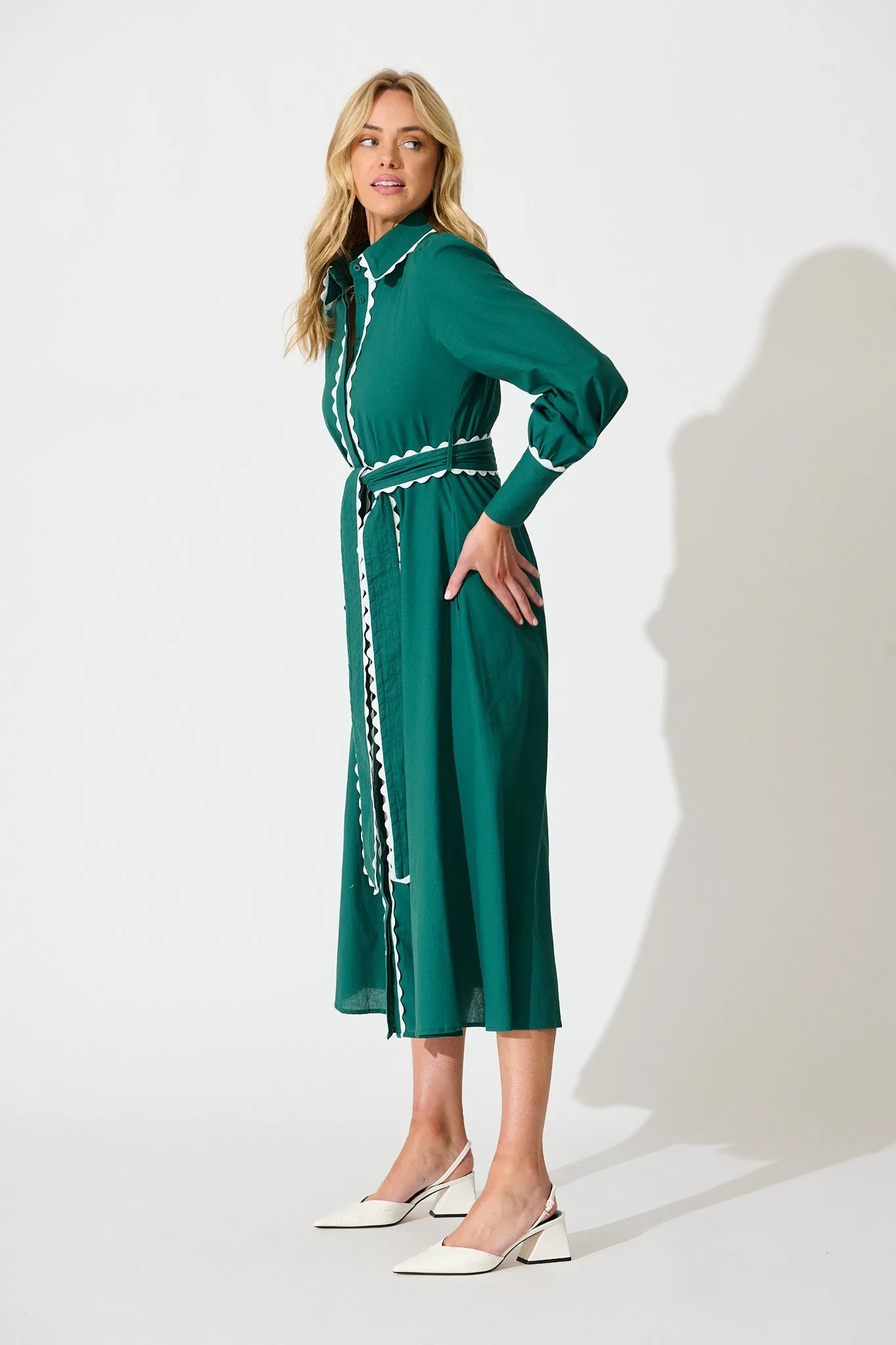 Lilyfield Midi Shirt Dress in Emerald with Contrast Trim Cotton sold by St Frock product image thumbnail 3