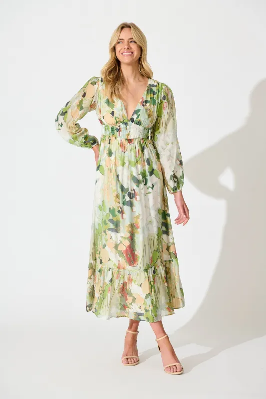 So Devine Midi Dress in Multi Green Cotton Blend sold by St Frock