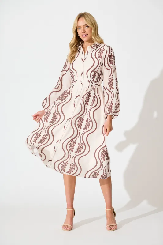 Nola Midi Shirt Dress in Cream with Brown Print Linen Blend sold by St Frock