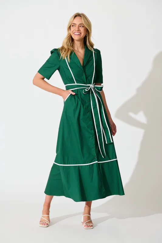 Rhea Maxi Shirt Dress in Emerald with Contrast Piping Cotton sold by St Frock