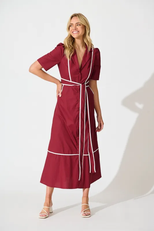 Rhea Maxi Shirt Dress in Wine with Contrast Piping Cotton sold by St Frock