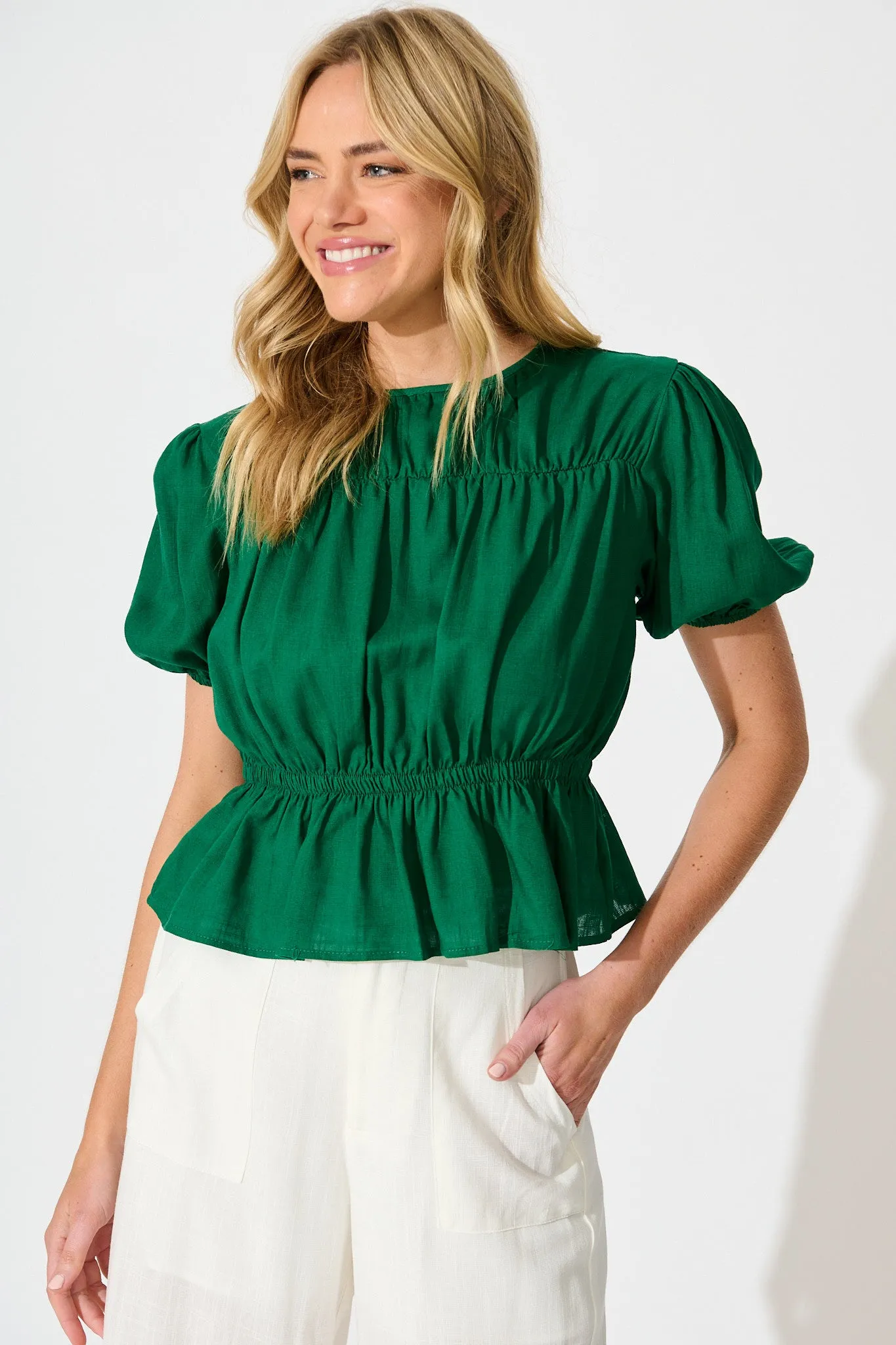 Bria Top in Emerald Linen Blend sold by St Frock