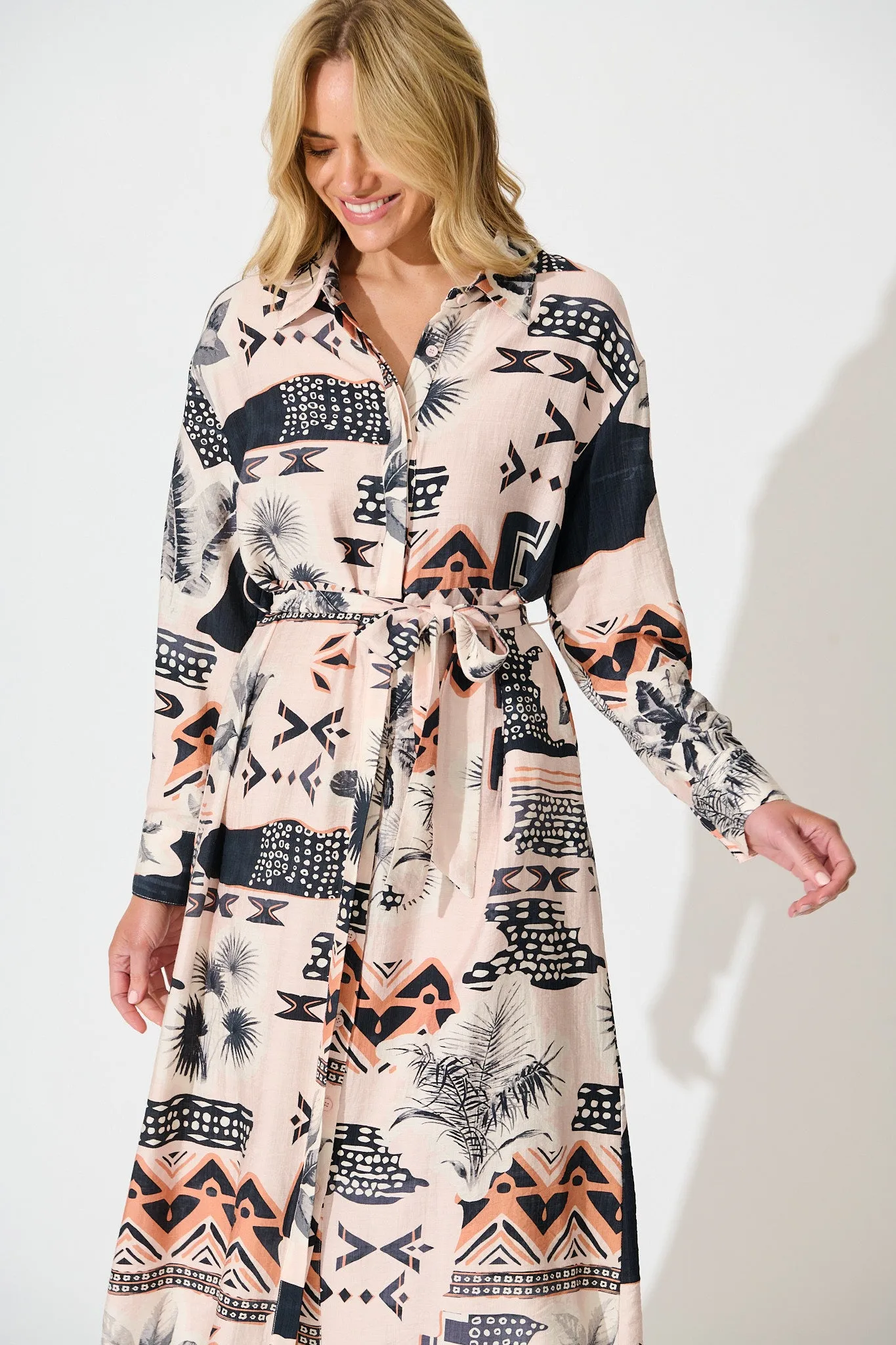 Talia Midi Shirt Dress in Blush with Black Print sold by St Frock product image thumbnail 2