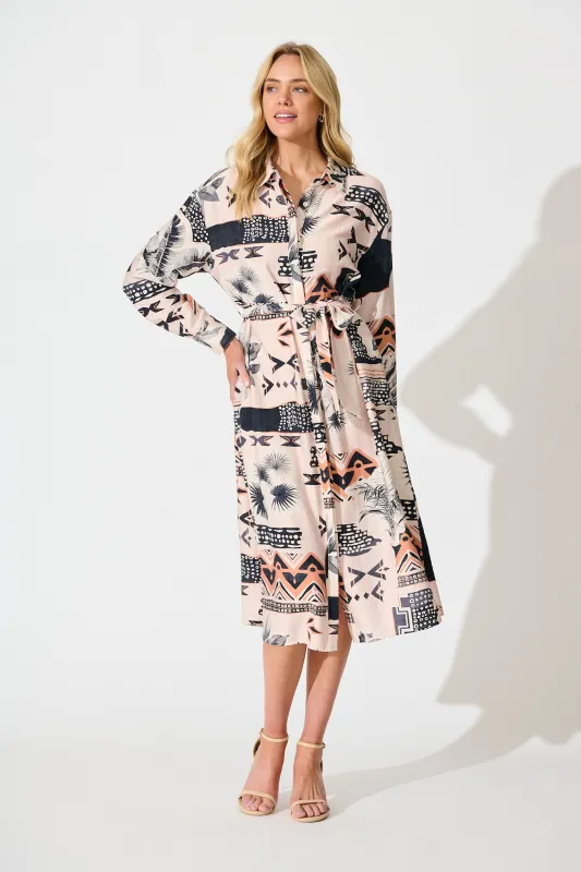 Talia Midi Shirt Dress in Blush with Black Print sold by St Frock