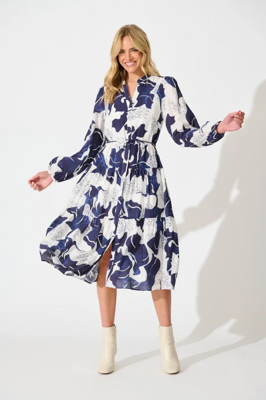 Prestige Midi Dress in White and Navy Print sold by St Frock