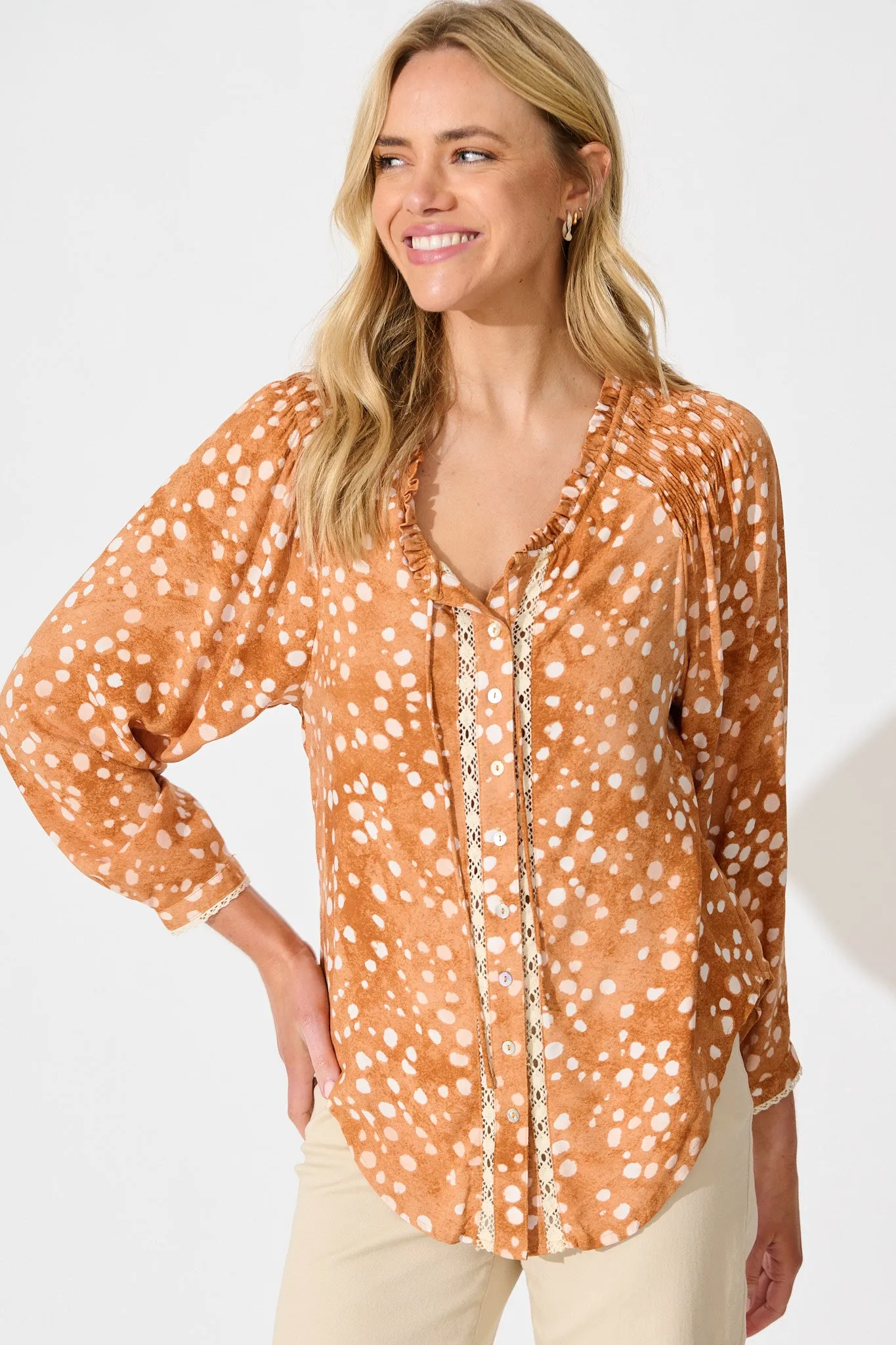 Josie Top in Tan with Cream Spot sold by St Frock