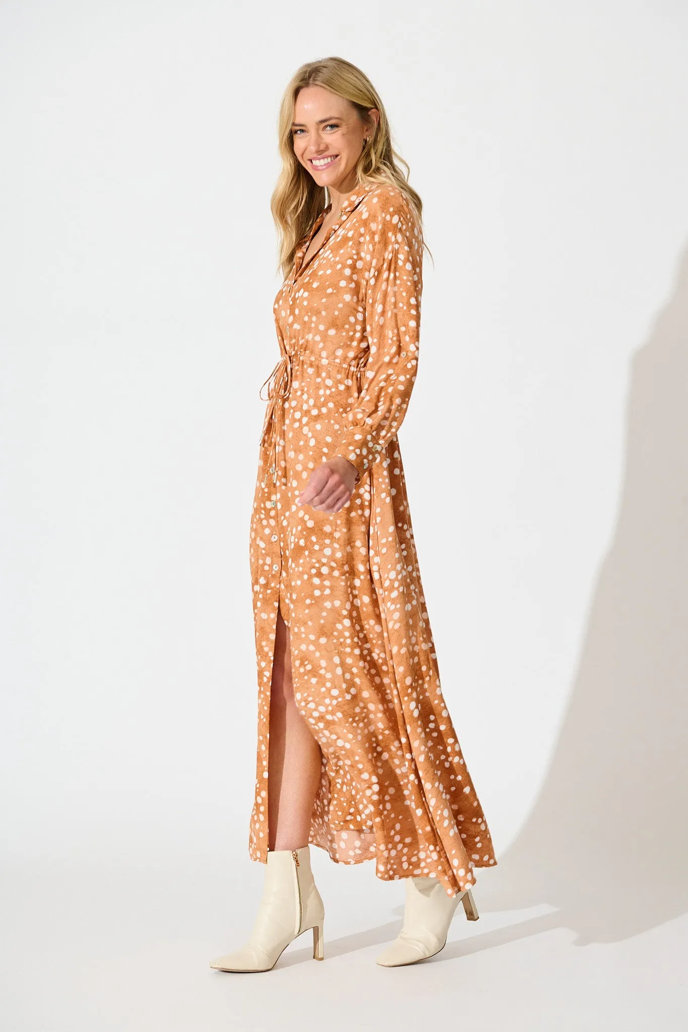 Chrishelle Maxi Shirt Dress in Tan with Cream Spot sold by St Frock product image thumbnail 2