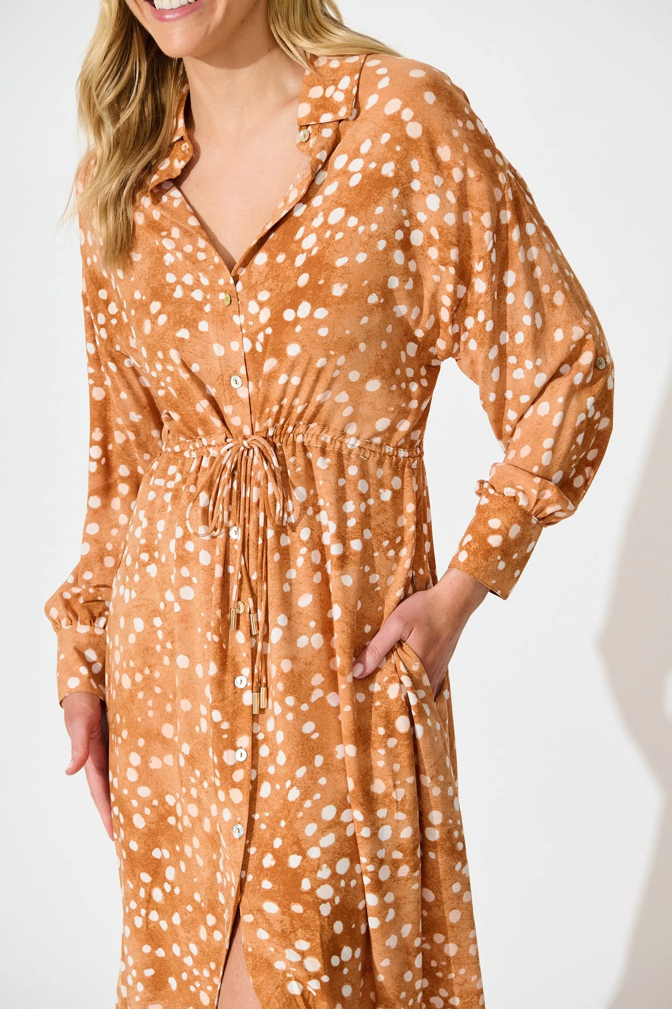 Chrishelle Maxi Shirt Dress in Tan with Cream Spot sold by St Frock product image thumbnail 5
