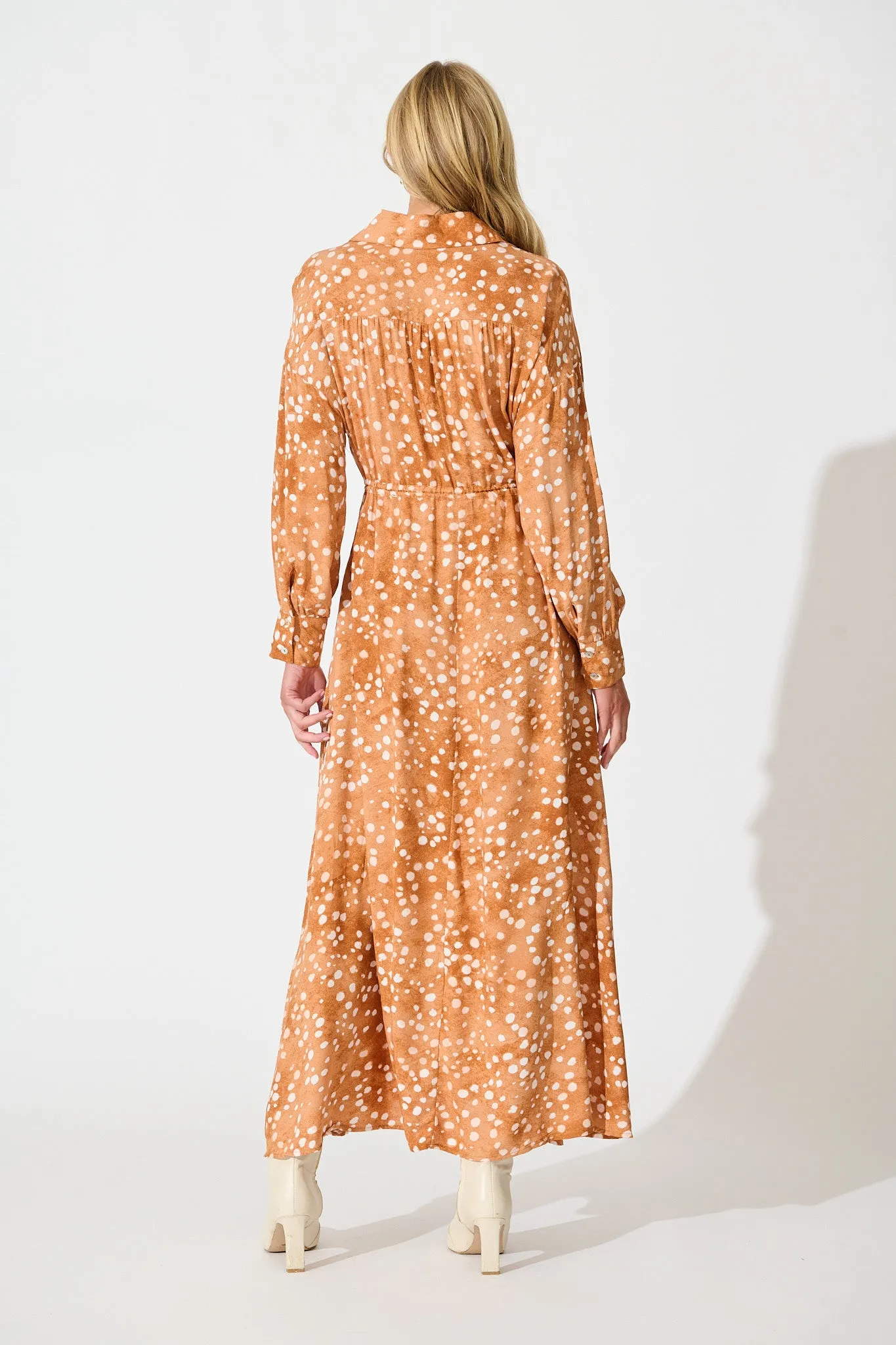 Chrishelle Maxi Shirt Dress in Tan with Cream Spot sold by St Frock product image thumbnail 3