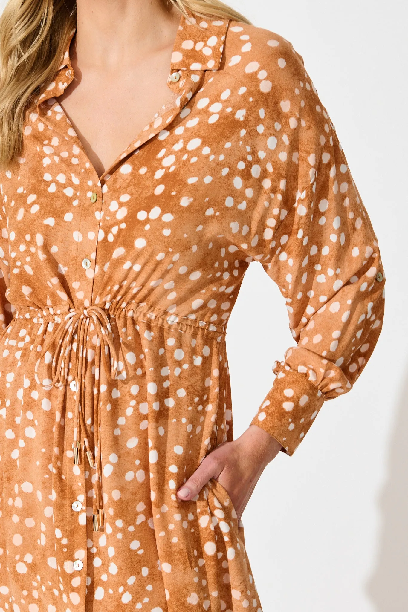 Chrishelle Maxi Shirt Dress in Tan with Cream Spot sold by St Frock product image thumbnail 4