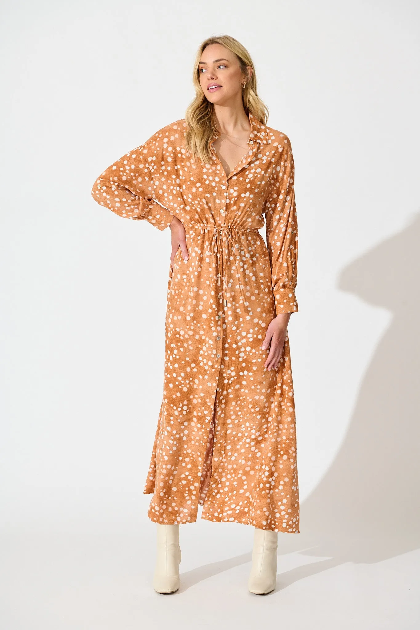 Chrishelle Maxi Shirt Dress in Tan with Cream Spot sold by St Frock