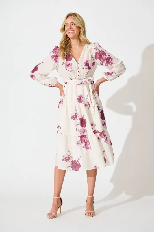 Carley Midi Dress in Cream with Purple Floral Linen Blend sold by St Frock