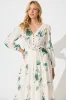 Carley Midi Dress in Cream with Green Floral Linen Blend sold by St Frock