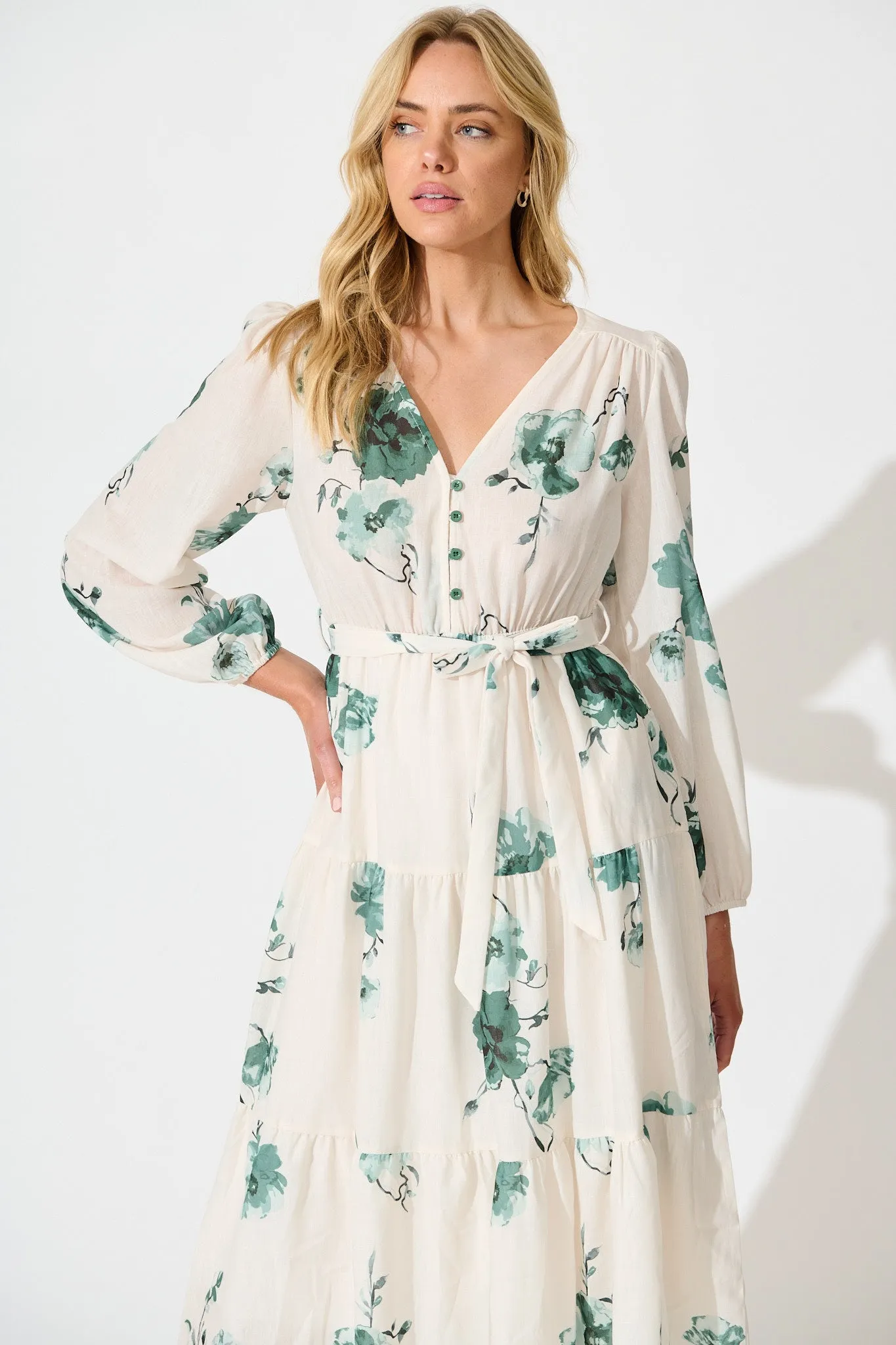 Carley Midi Dress in Cream with Green Floral Linen Blend sold by St Frock product image thumbnail 2