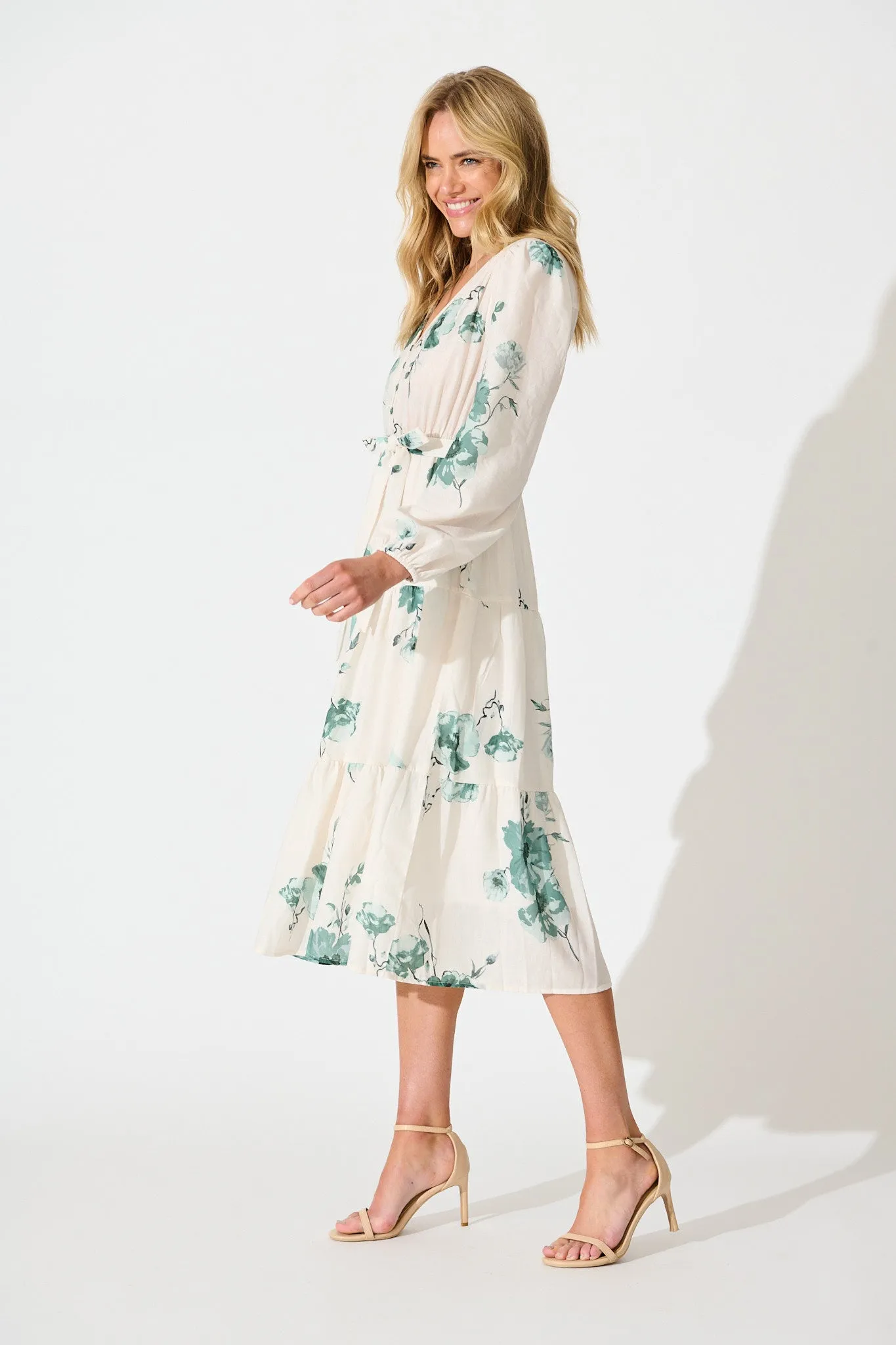 Carley Midi Dress in Cream with Green Floral Linen Blend sold by St Frock product image thumbnail 3