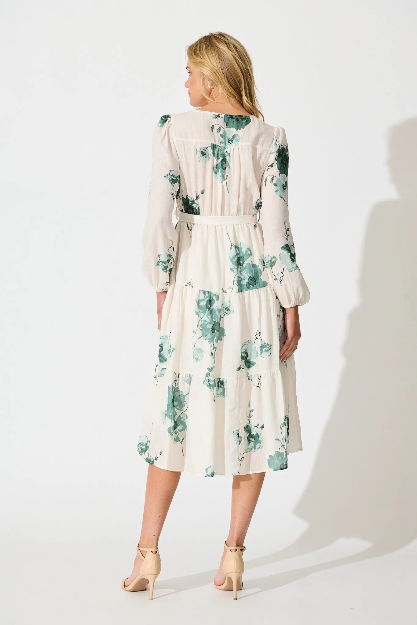 Carley Midi Dress in Cream with Green Floral Linen Blend sold by St Frock product image thumbnail 4
