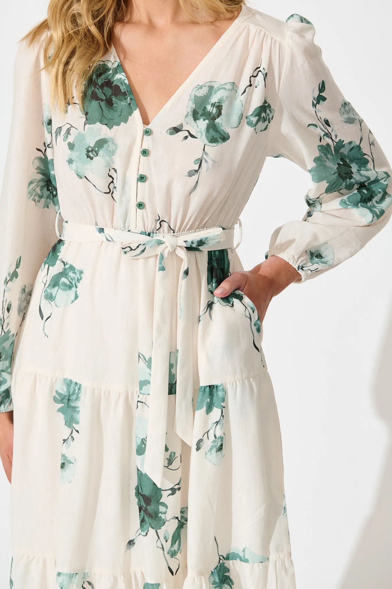 Carley Midi Dress in Cream with Green Floral Linen Blend sold by St Frock product image thumbnail 5