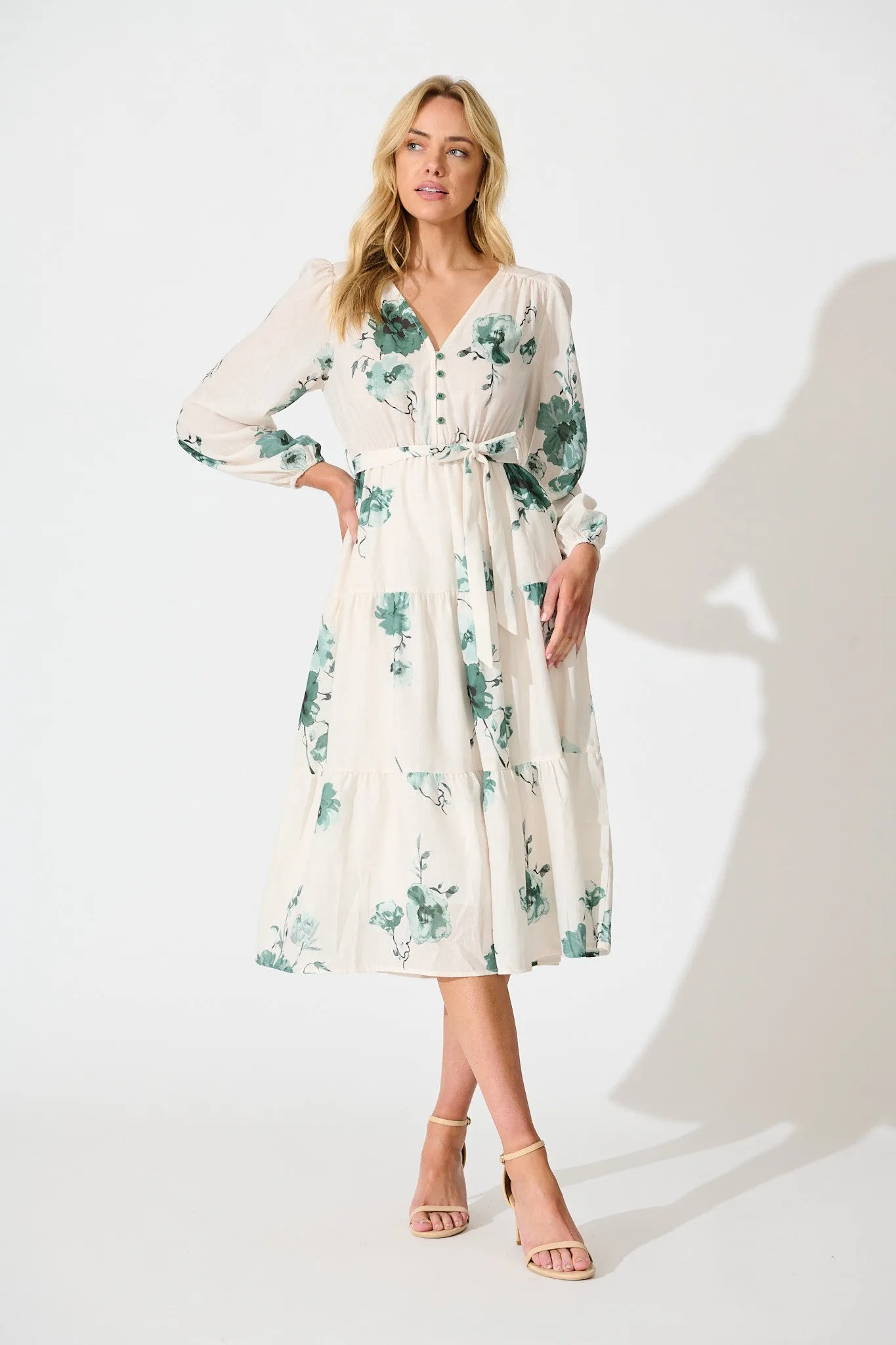 Carley Midi Dress in Cream with Green Floral Linen Blend sold by St Frock