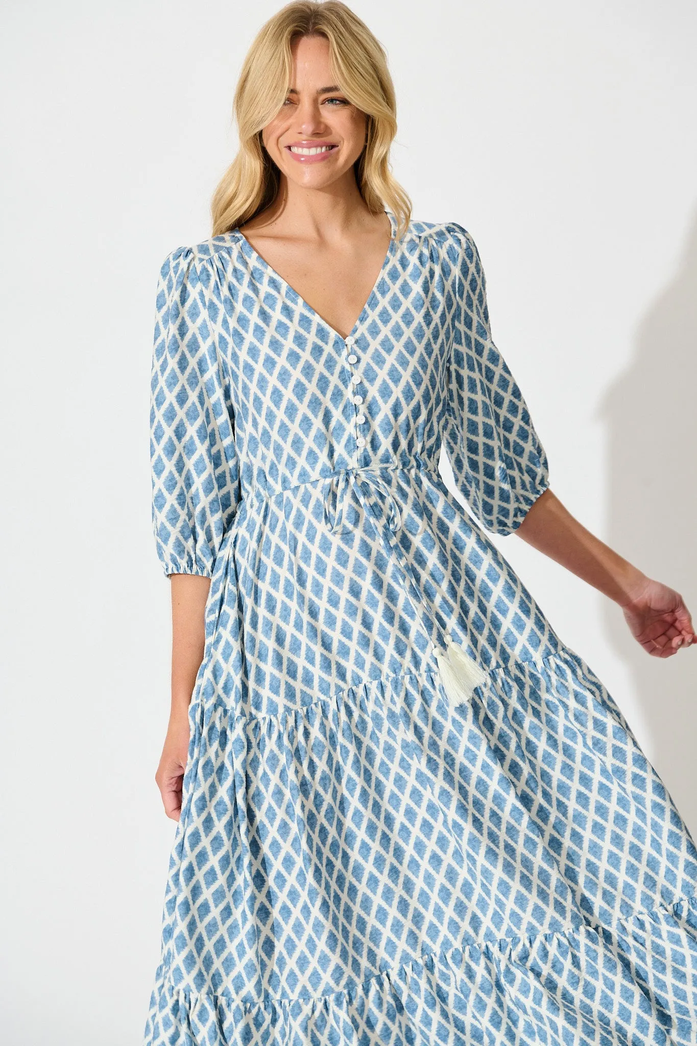 Carolyn Midi Dress in White with Blue Print sold by St Frock product image thumbnail 2