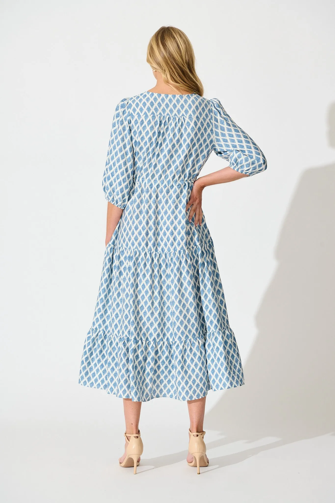 Carolyn Midi Dress in White with Blue Print sold by St Frock product image thumbnail 4