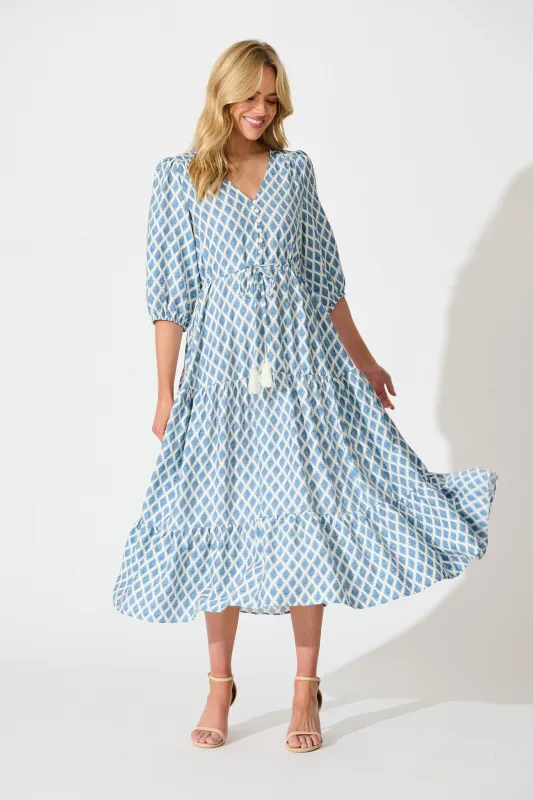 Carolyn Midi Dress in White with Blue Print sold by St Frock