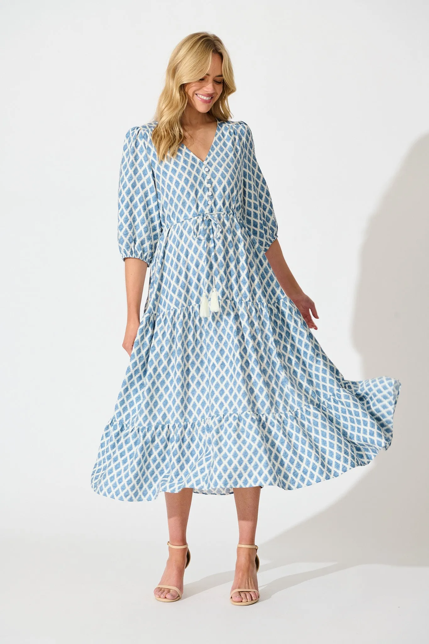 Carolyn Midi Dress in White with Blue Print sold by St Frock