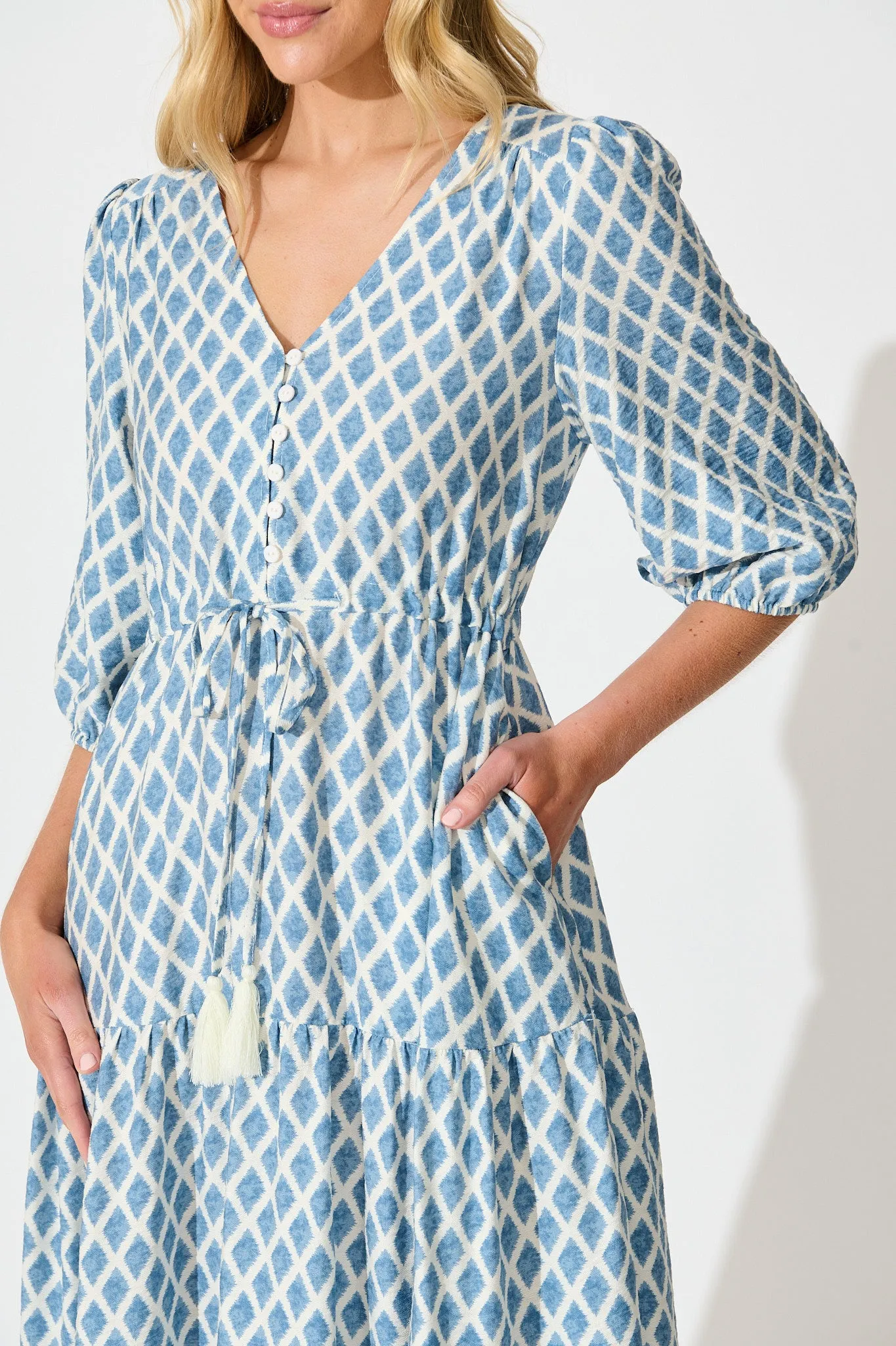 Carolyn Midi Dress in White with Blue Print sold by St Frock product image thumbnail 5