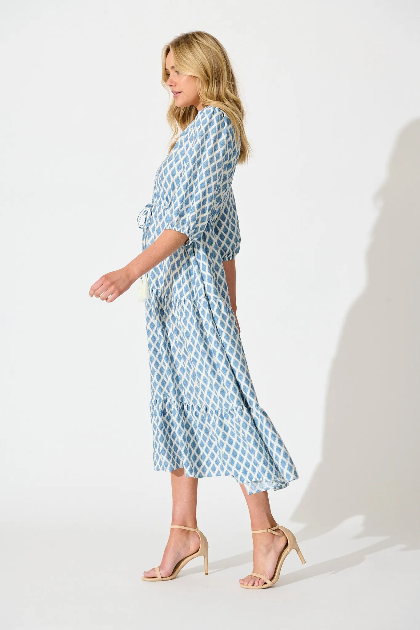 Carolyn Midi Dress in White with Blue Print sold by St Frock product image thumbnail 3