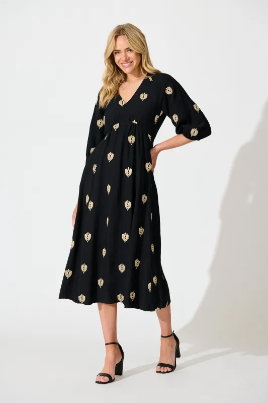 Janelle Midi Dress in Black Embroidery sold by St Frock