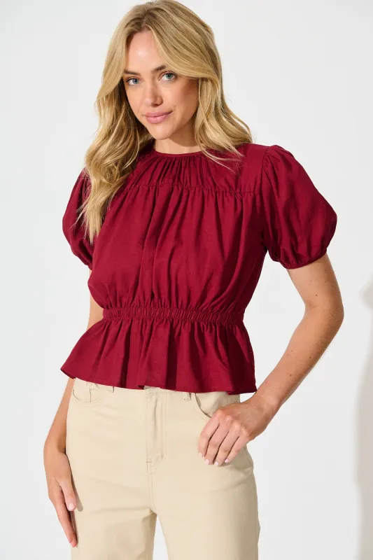 Bria Top in Wine Linen Blend sold by St Frock