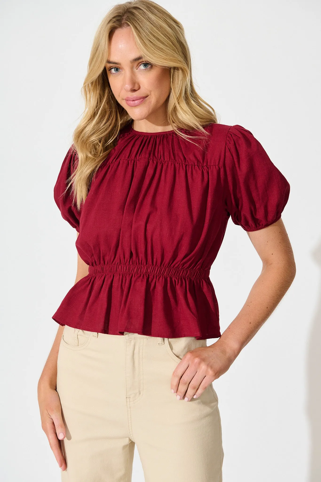 Bria Top in Wine Linen Blend sold by St Frock