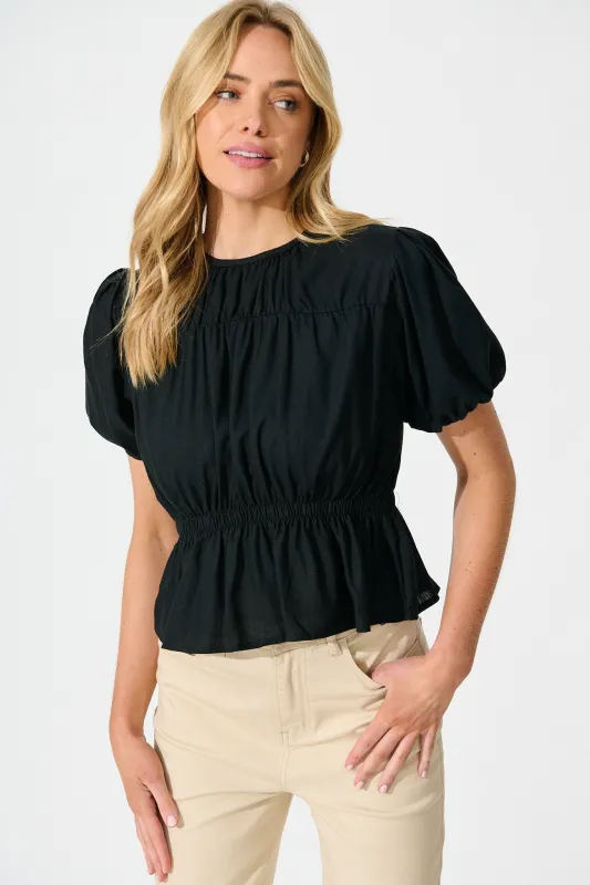 Bria Top in Black Linen Blend sold by St Frock