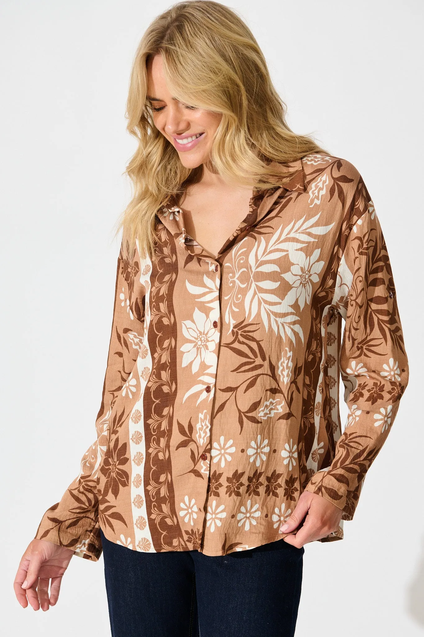 Ronika Shirt in Brown and White Print sold by St Frock